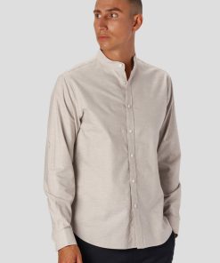 Skjorter & Overskjorter Clean Cut Copenhagen | Oxford Mandarin Collar Stretch Shirt - Sand Melange